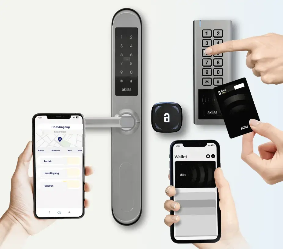 Akiles Cylinder, Pinpad, NFC-reader, toegangskaart en smartphone-app