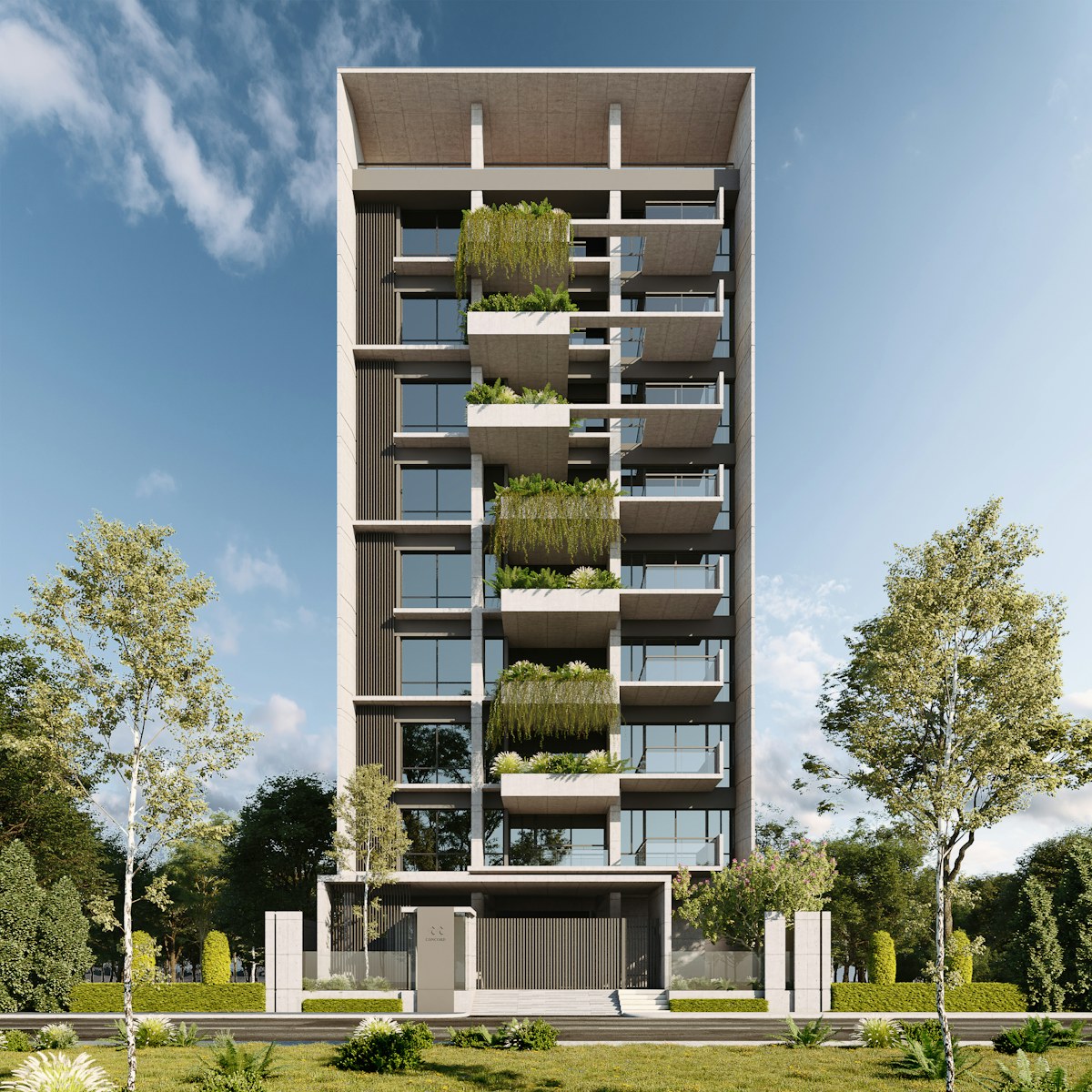 Modern woongebouw met groene balkons